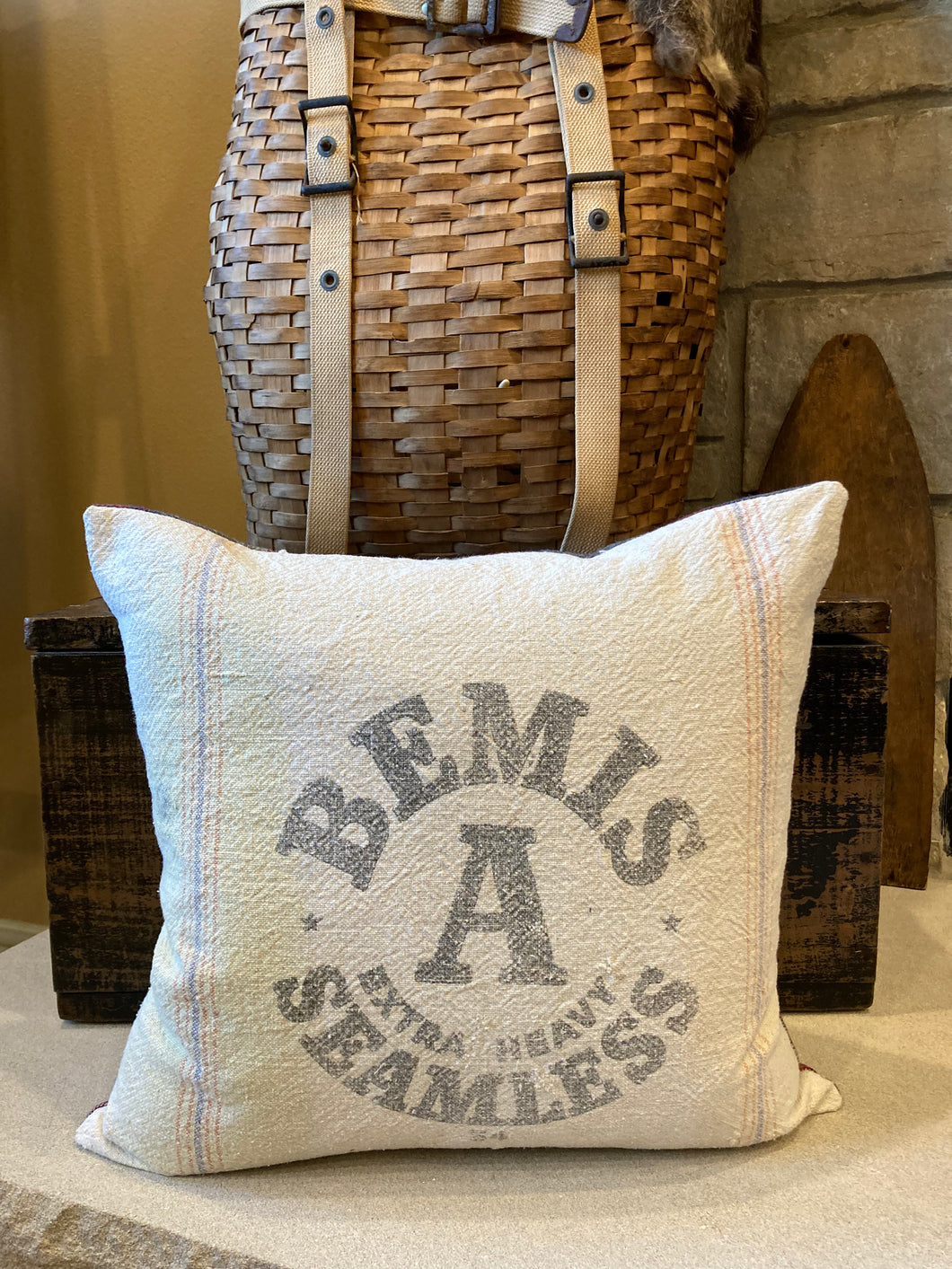 Bemis Seamless Grain sack pillow, new flannel with button back, 18x18 down insert