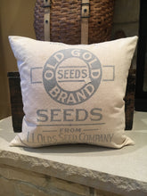 Load image into Gallery viewer, "Old Gold Brand Seeds" Grainsack Pillow - patched back, new down insert, zipper, 20x20
