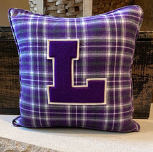 Load image into Gallery viewer, "L" Pillow (purple/white) - thrifted shirt, new down insert, vintage letter, custom piping, 16x16
