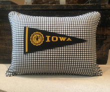 Load image into Gallery viewer, "Iowa" Pennant Pillow - thrifted shirt, new poly insert, custom piping, 12x16
