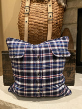 Load image into Gallery viewer, &quot;B&quot; pillow (white/blue) - thrifted shirt, new down insert, vintage letter, custom piping, 18x18
