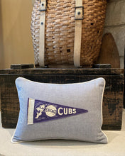 Load image into Gallery viewer, Cubs Pennant Pillow- 12x16, new poly insert, custom piping, thirfted shirt, vintage pennant (Lesley's)

