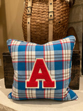 Load image into Gallery viewer, &quot;A&quot; pillow (Red/White) - thrifted shirt, new down insert, vintage letter, custom piping, 18x18
