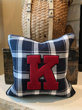 Load image into Gallery viewer, "K" pillow (Red/Black) - thrifted shirt, new down insert, vintage letter, custom piping, 18x18
