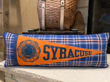 Load image into Gallery viewer, Lg Orange Syracuse Pennant Pillow- 14x36 new poly insert, custom piping, thrifted shirt, vintage pennant
