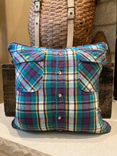 Load image into Gallery viewer, "P" pillow (yellow/purple) - thrifted shirt, new down insert, vintage letter, custom piping, 18x18
