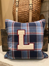 Load image into Gallery viewer, "L" pillow (Burgundy/White) - thrifted shirt, new down insert, vintage letter, custom piping, 18x18
