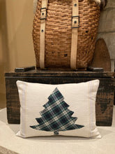Load image into Gallery viewer, Grain Sack Pillow - shirt back with pockets, Plaid Christmas tree cut out, 12x16
