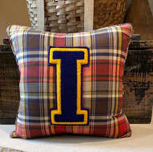 Load image into Gallery viewer, "I" Pillow (blue/gold) - thrifted shirt, new down insert, vintage letter, custom piping, 16x16
