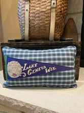 Load image into Gallery viewer, Lake Geneva Pennant Pillow - thrifted shirt, new poly insert, custom piping 12x20 (Foamily brand)
