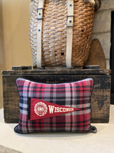 Load image into Gallery viewer, UW Dark Pennant Pillow (black strip) - thrifted shirt, new poly insert, vintage pennant, custom piping, 12x16
