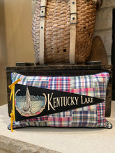 Load image into Gallery viewer, Kentucky Lake Pennant Pillow- 12x20 (foamily), new poly insert, custom piping, thirfted shirt, vintage pennant (Lesley's)
