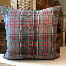 Load image into Gallery viewer, "W" Pillow (green/red)  - thrifted shirt, new down insert, vintage letter, custom piping, 18x18
