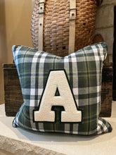 Load image into Gallery viewer, &quot;A&quot; pillow (White/Green) - thrifted shirt, new down insert, vintage letter, custom piping, 18x18

