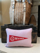 Load image into Gallery viewer, UW Madison - Pennant Pillow - thrifted shirt, new poly insert, vintage pennant, custom piping, 12x16
