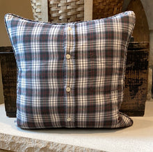 Load image into Gallery viewer, &quot;E&quot; Pillow (red/white) - thrifted shirt, new down insert, vintage letter, custom piping, 18x18
