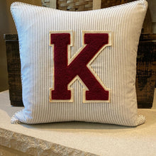 Load image into Gallery viewer, "K" Pillow (burgundy/white) - thrifted shirt, new down insert, vintage letter, custom piping, 18x18
