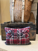 Load image into Gallery viewer, UW Dark Pennant Pillow (black strip) - thrifted shirt, new poly insert, vintage pennant, custom piping, 12x16
