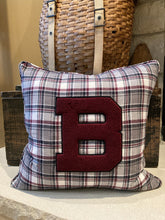 Load image into Gallery viewer, &quot;B&quot; pillow (burgundy/black) - thrifted shirt, new down insert, vintage letter, custom piping, 18x18
