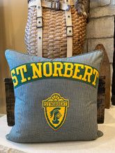 Load image into Gallery viewer, St. Norbert with Crest Pillow - Custom piping, zipper closure, new Crate&amp; Barrel down insert, 20x20
