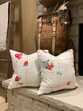 Load image into Gallery viewer, Tablecloth Pillows with plaid backing and custom piping and zipper closure - 18x18 Pottery Barn down insert
