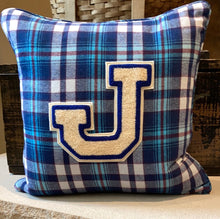 Load image into Gallery viewer, "J" Pillow (blue/white) - thrifted shirt, new down insert, vintage letter, custom piping, 18x18
