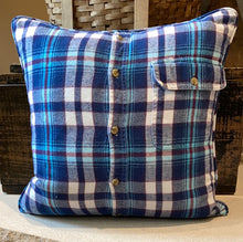 Load image into Gallery viewer, "J" Pillow (blue/white) - thrifted shirt, new down insert, vintage letter, custom piping, 18x18
