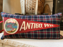 Load image into Gallery viewer, &quot;Antigo&quot; Pennant Pillow - thrifted shirt, new down insert, vintage pennant, custom piping, 15x30
