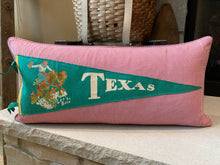 Load image into Gallery viewer, "Texas - Let'em Buck" Pennant Pillow - thrifted shirt, new down insert, vintage pennant, custom piping, 15x30

