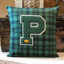 Load image into Gallery viewer, "P" Pillow (green/white - football) - new fabric, new poly insert, vintage letter, Velcro closure, 16x16
