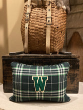 Load image into Gallery viewer, &quot;W&quot; Varsity Letter Pillow Thrifted shirt, new feather insert, vintage varsity letter, custom piping, 12x16

