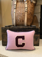 Load image into Gallery viewer, &quot;C&quot; Pillow (Burgundy/White)- thrifted shirt, new poly insert, vintage varsity letter, custom piping, 12x16
