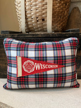 Load image into Gallery viewer, "UW" Pennant Pillow - thrifted shirt, new poly insert, vintage pennant, custom piping, 12x16
