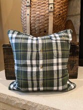 Load image into Gallery viewer, &quot;A&quot; pillow (White/Green) - thrifted shirt, new down insert, vintage letter, custom piping, 18x18
