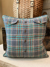 Load image into Gallery viewer, "W" Pillow (white/burgundy) - thrifted shirt, new down insert, vintage letter, custom piping, 18x18
