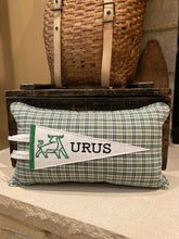 Load image into Gallery viewer, &quot;URUS&quot; Pennant Pillow - thrifted shirt, new poly insert, custom piping, 12x20 (Customers own pennant)

