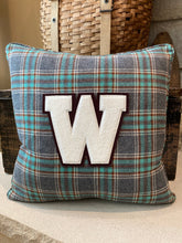 Load image into Gallery viewer, "W" Pillow (white/burgundy) - thrifted shirt, new down insert, vintage letter, custom piping, 18x18
