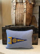 Load image into Gallery viewer, Notre Dame Pennant Pillow- 12x16, new poly insert, custom piping, thirfted shirt, vintage pennant
