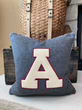 Load image into Gallery viewer, &quot;A&quot; pillow - (white/red) gray fabric, new down insert, vintage letter, custom plaid piping, 18x18
