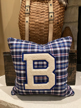 Load image into Gallery viewer, &quot;B&quot; pillow (white/blue) - thrifted shirt, new down insert, vintage letter, custom piping, 18x18
