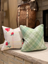 Load image into Gallery viewer, Tablecloth Pillows with plaid backing and custom piping and zipper closure - 18x18 Pottery Barn down insert
