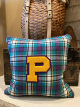 Load image into Gallery viewer, "P" pillow (yellow/purple) - thrifted shirt, new down insert, vintage letter, custom piping, 18x18
