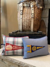 Load image into Gallery viewer, Notre Dame Pennant Pillow- 12x16, new poly insert, custom piping, thirfted shirt, vintage pennant
