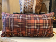 Load image into Gallery viewer, Bear Mountain Pennant Pillow- 14x28, new poly insert, custom piping, thirfted shirt, vintage pennant (Lesley's)
