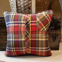 Load image into Gallery viewer, "I" Pillow (blue/gold) - thrifted shirt, new down insert, vintage letter, custom piping, 16x16
