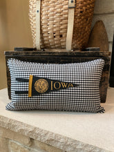 Load image into Gallery viewer, "University of Iowa " Pennant Pillow - thrifted shirt, new poly insert, vintage pennant, custom piping, 12x20
