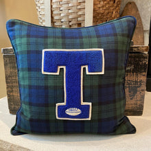 Load image into Gallery viewer, “T” Pillow - (blue/white - football) - thrifted shirt, new down insert, custom piping, 18x18
